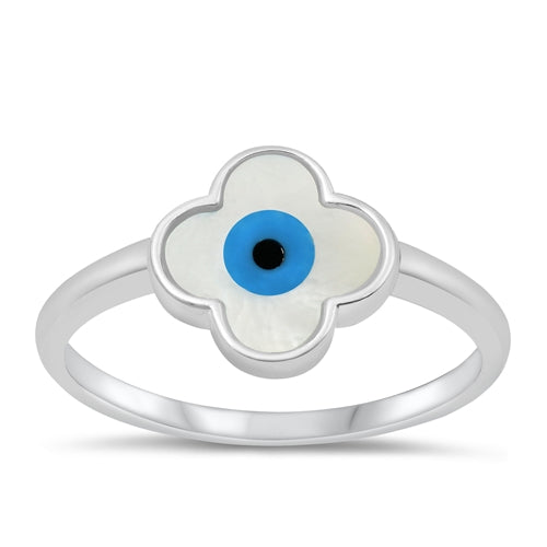 Sterling Silver Rhodium Plated Evil Eye Mother of Pearl Ring
