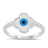 Sterling Silver Rhodium Plated Evil Eye Mother of Pearl Ring