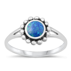 Sterling Silver Oxidized Round Blue Lab Opal Ring Face Height-10mm