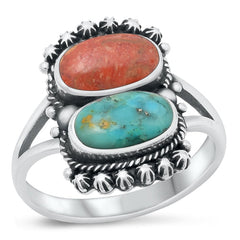 Sterling Silver Oxidized Red Carnelian & Genuine Turquoise Ring