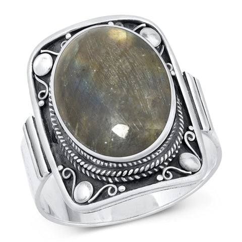 Sterling Silver Oxidized Oval Labradorite Ring Face Height-22mm