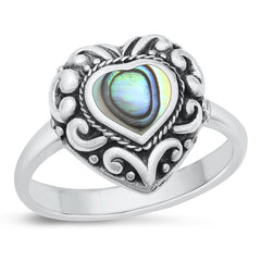 Sterling Silver Oxidized Heart Abalone Shell Ring Face Height-15.2mm