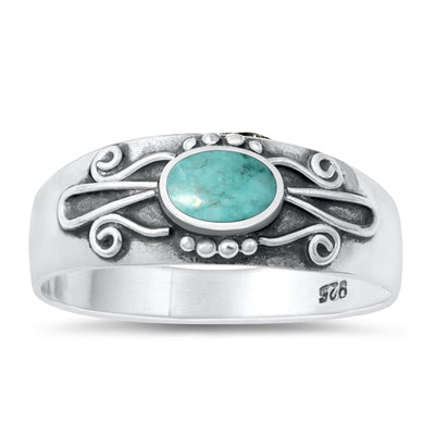 Sterling Silver Oxidized Genuine Turquoise Stone Ring Face Height-7.2mm