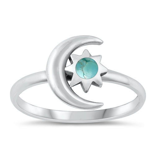 Sterling Silver Oxidized Moon And Star Genuine Turquoise Stone Ring Face Height-12mm