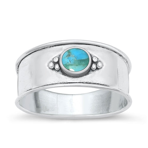 Sterling Silver Oxidized Round Bali Genuine Turquoise Stone Ring Face Height-8mm