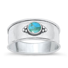 Load image into Gallery viewer, Sterling Silver Oxidized Round Bali Genuine Turquoise Stone Ring Face Height-8mm