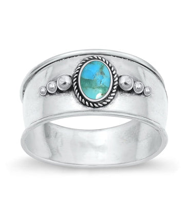 Sterling Silver Oxidized Bali Genuine Turquoise Stone Ring Face Height-10mm