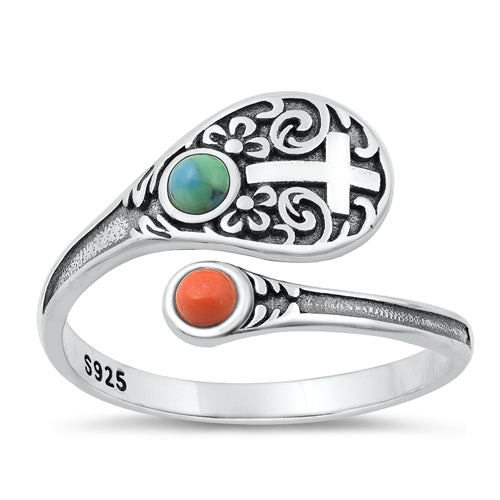 Sterling Silver Oxidized Cross Coral and Genuine Turquoise Ring