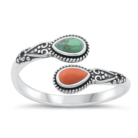 Sterling Silver Oxidized Coral and Genuine Turquoise Ring-10.2mm