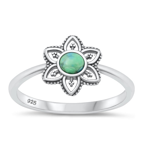 Sterling Silver Oxidized Mandala Genuine Turquoise Stone Ring Face Height-10.9mm