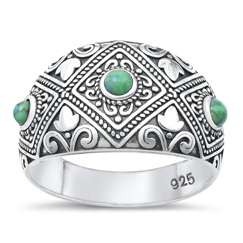 Sterling Silver Oxidized Bali Genuine Turquoise Stone Ring Face Height-14.1mm