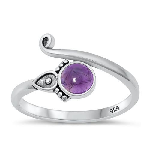 Sterling Silver Oxidized Bali Genuine Amethyst Stone Ring Face Height-11.5mm
