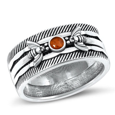 Sterling Silver Oxidized Bee Genuine Garnet Stone Ring Face Height-9.8mm