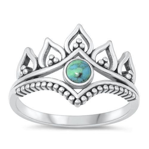 Sterling Silver Oxidized Crown Genuine Turquoise Stone Ring Face Height-15.2mm