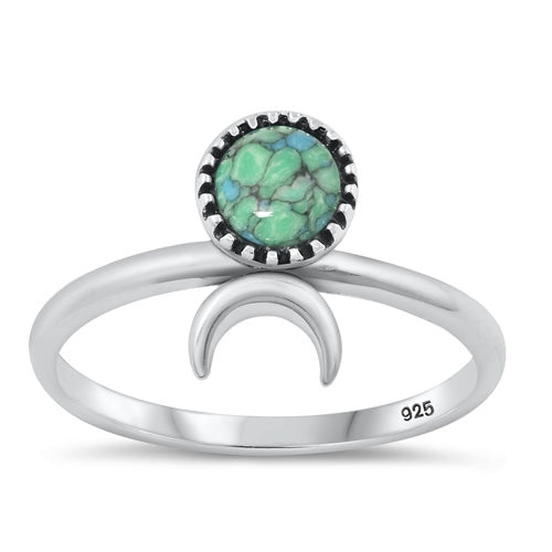 Sterling Silver Oxidized Moon Genuine Turquoise Stone Ring Face Height-12.6mm