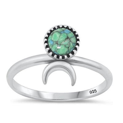 Sterling Silver Oxidized Moon Genuine Turquoise Stone Ring Face Height-12.6mm