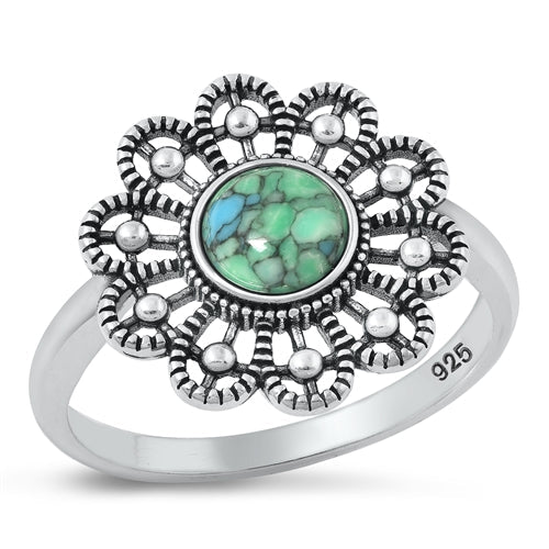 Sterling Silver Oxidized Flower Genuine Turquoise Stone Ring Face Height-16.2mm