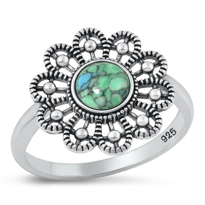 Sterling Silver Oxidized Flower Genuine Turquoise Stone Ring Face Height-16.2mm