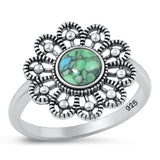Sterling Silver Oxidized Flower Genuine Turquoise Stone Ring Face Height-16.2mm