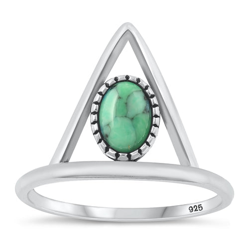 Sterling Silver Oxidized Triangle Genuine Turquoise Stone Ring Face Height-15.5mm