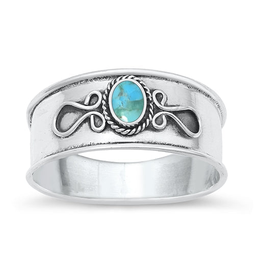 Sterling Silver Oxidized Oval Bali Genuine Turquoise Stone Ring Face Height-8.5mm