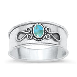 Sterling Silver Oxidized Oval Bali Genuine Turquoise Stone Ring Face Height-8.5mm