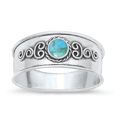 Sterling Silver Oxidized Bali Genuine Turquoise Stone Ring Face Height-8mm
