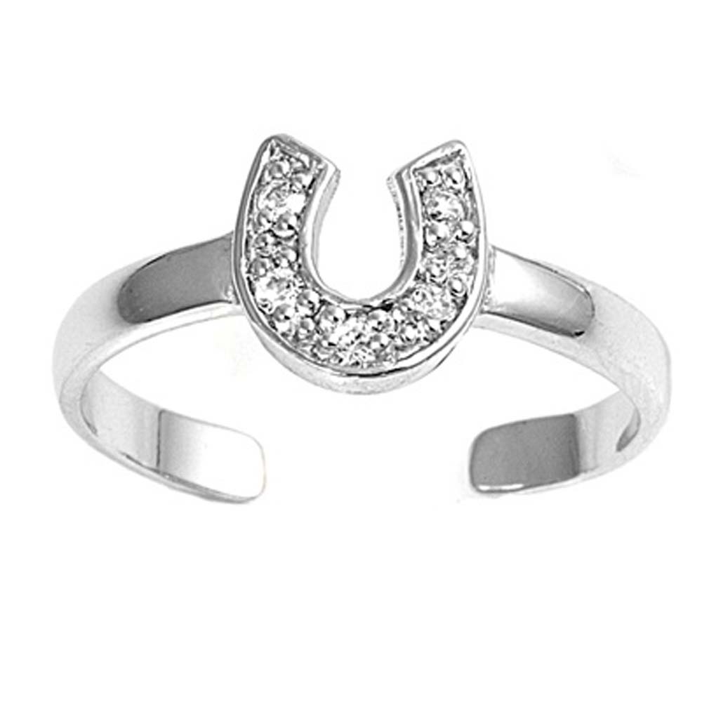 Sterling Silver Clear CZ in Horse Shoe shape Toe Ring AndFace Height 7mmAndBand Width 2mm