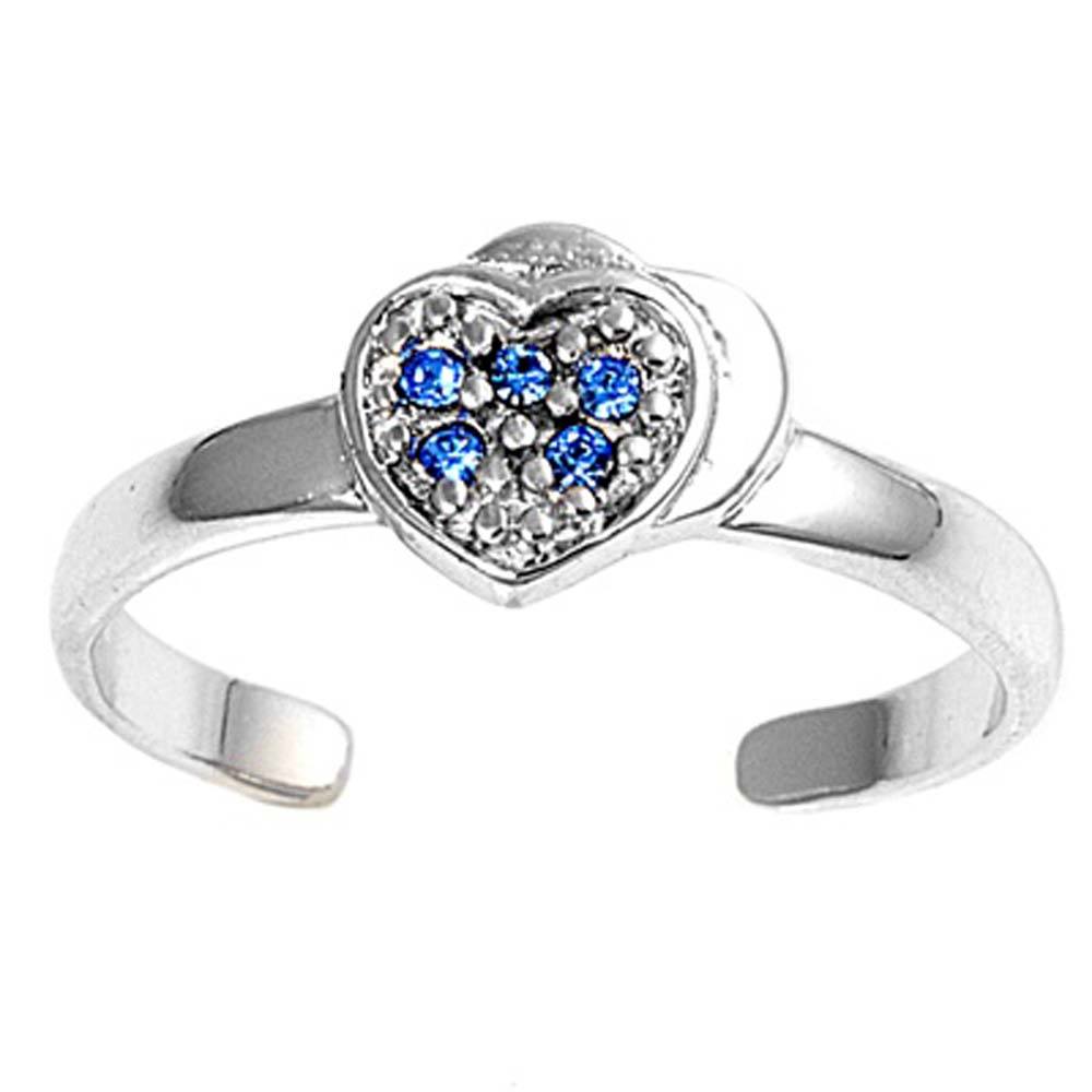 Sterling Silver Luxurious Heart with Blue Sapphire and Clear Simulated Diamonds Toe RingAnd Face Height 7 MM