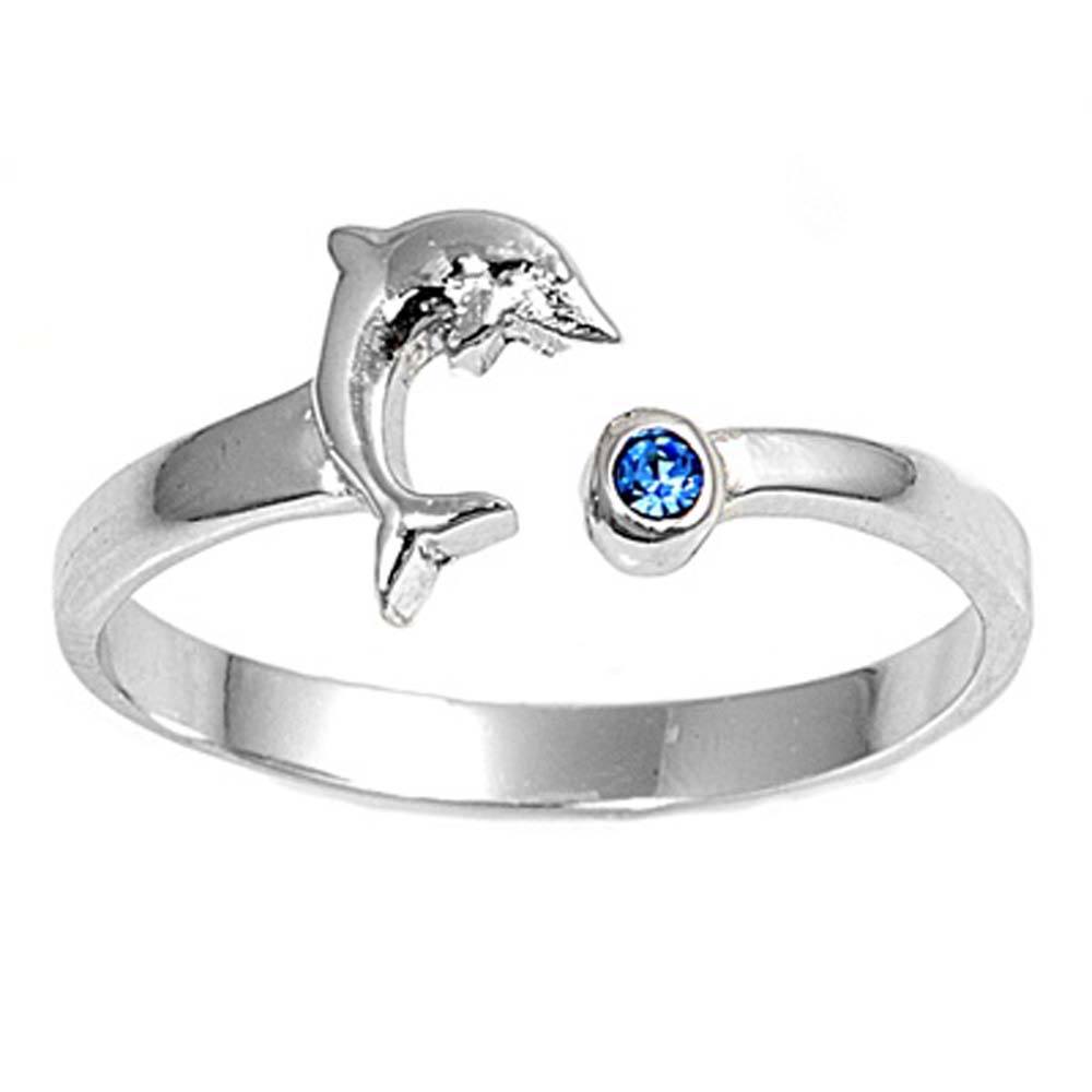 Sterling Silver Blue Sapphire Color Glass and Clear CZ in Dolphin shape Toe Ring AndFace Height 7mmAndBand Width 2mm
