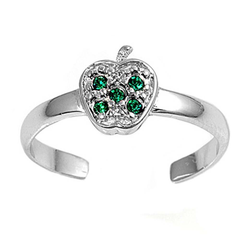 Sterling Silver Luxurious Apple with Emerald Simulated Diamond Toe RingAnd Face Height 7 MM