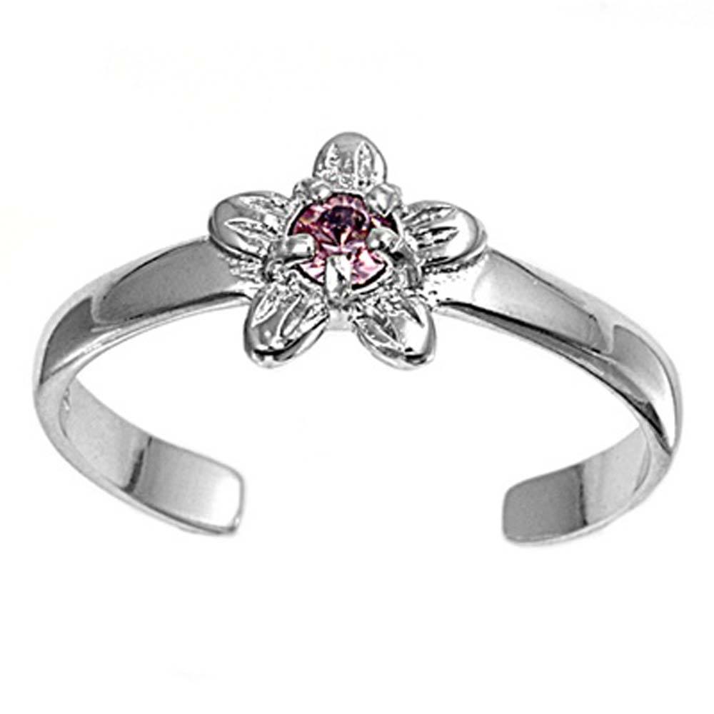 Sterling Silver Elegant Flower with Clear and Pink Simulated Diamonds Toe RingAnd Face Height 7 MM