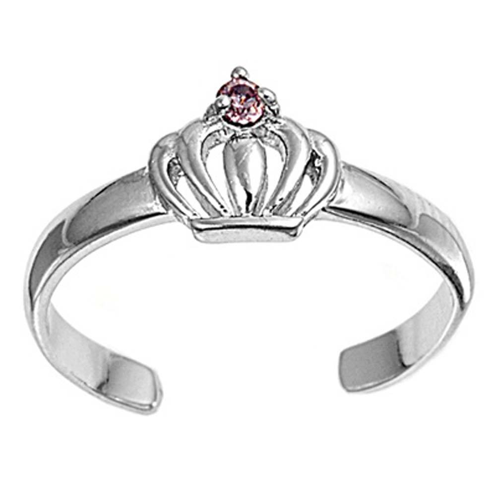 Sterling Silver Luxurious Crown with Clear and Pink Simulated Diamond Toe RingAnd Face Height 6 MM