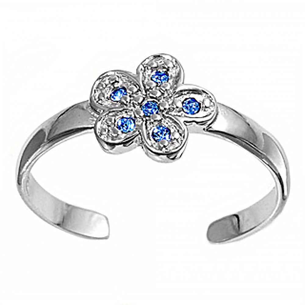 Sterling Silver Elegant Flower with Clear and Blue Sapphire Simulated Diamonds Toe RingAnd Face Height 7 MM