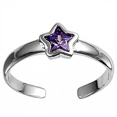 Sterling Silver Fancy Star with Amethyst CZ Toe Ring and Face Height 5 MM