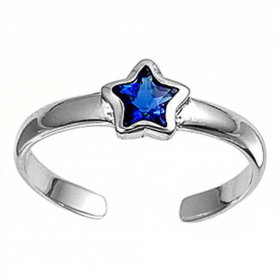 Sterling Silver Fancy Star with Blue Sapphire CZ Toe Ring And Face Height 5 MM