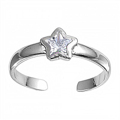 Sterling Silver Toe Ring with Clear Centered CZ Star, Face Height 5 MM