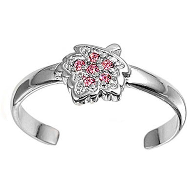 Sterling Silver Elegant Leaf with Pink  Simulated Diamonds Toe RingAnd Face Height 7 MM