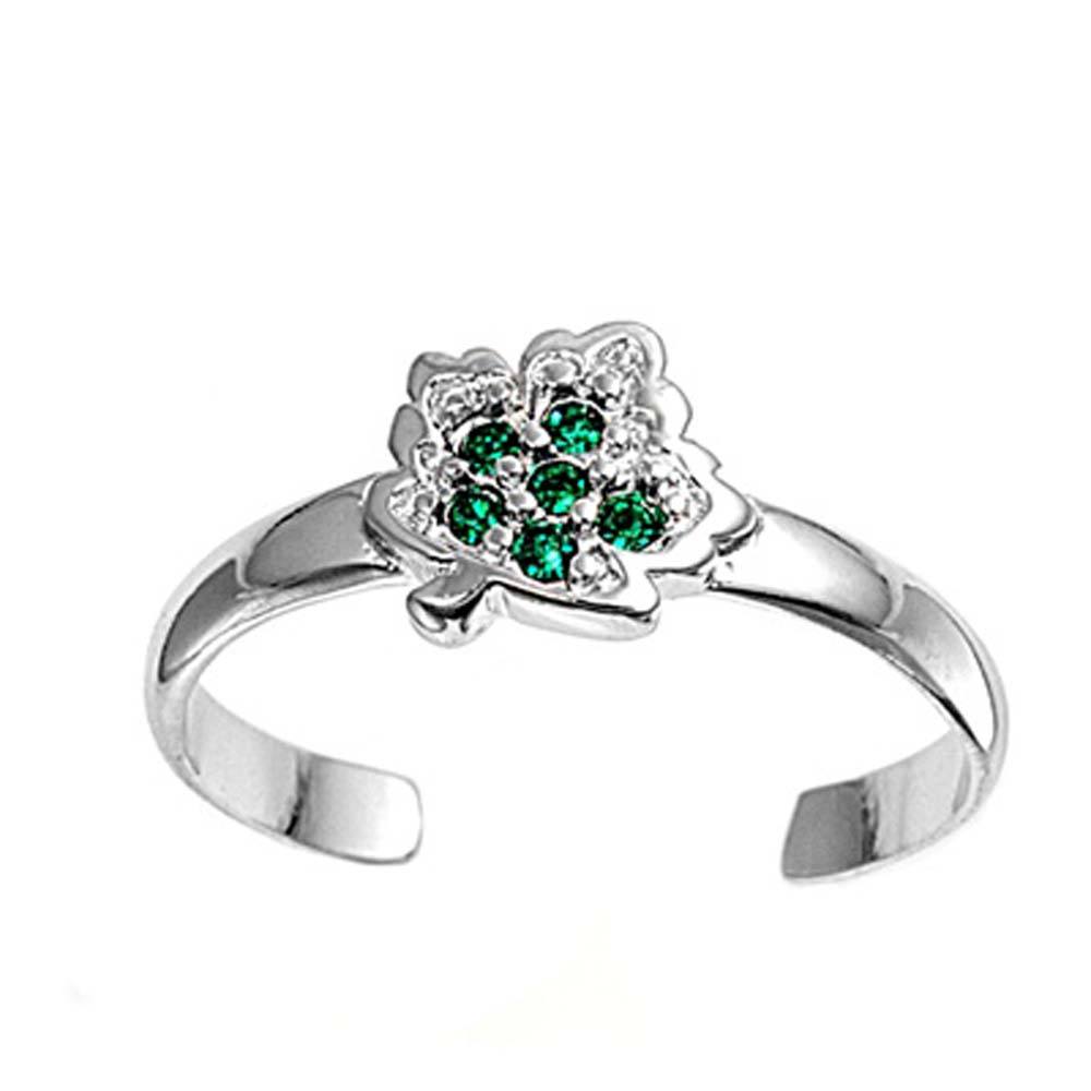 Sterling Silver Elegant Leaf with Emerald  Simulated Diamonds Toe RingAnd Face Height 7 MM