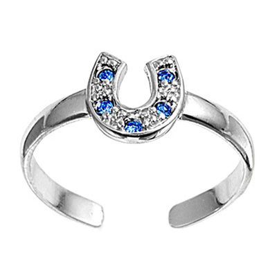 Sterling Silver Rhodium Plated Horse Shoe With Blue Sapphire Cubic Zirconia Toe Ring