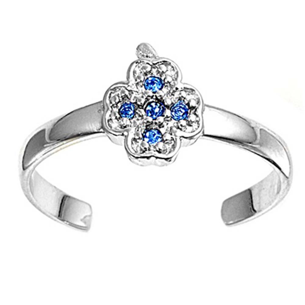 Sterling Silver Luxurious Cross with Blue Sapphire CZ Toe RingAnd Face Height 8 MM