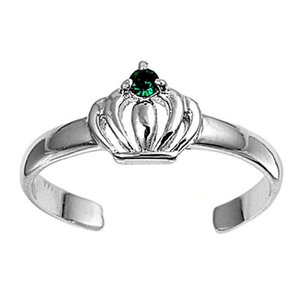Sterling Silver Luxurious Crown with Emerald Simulated Diamond Toe RingAnd Face Height 6 MM