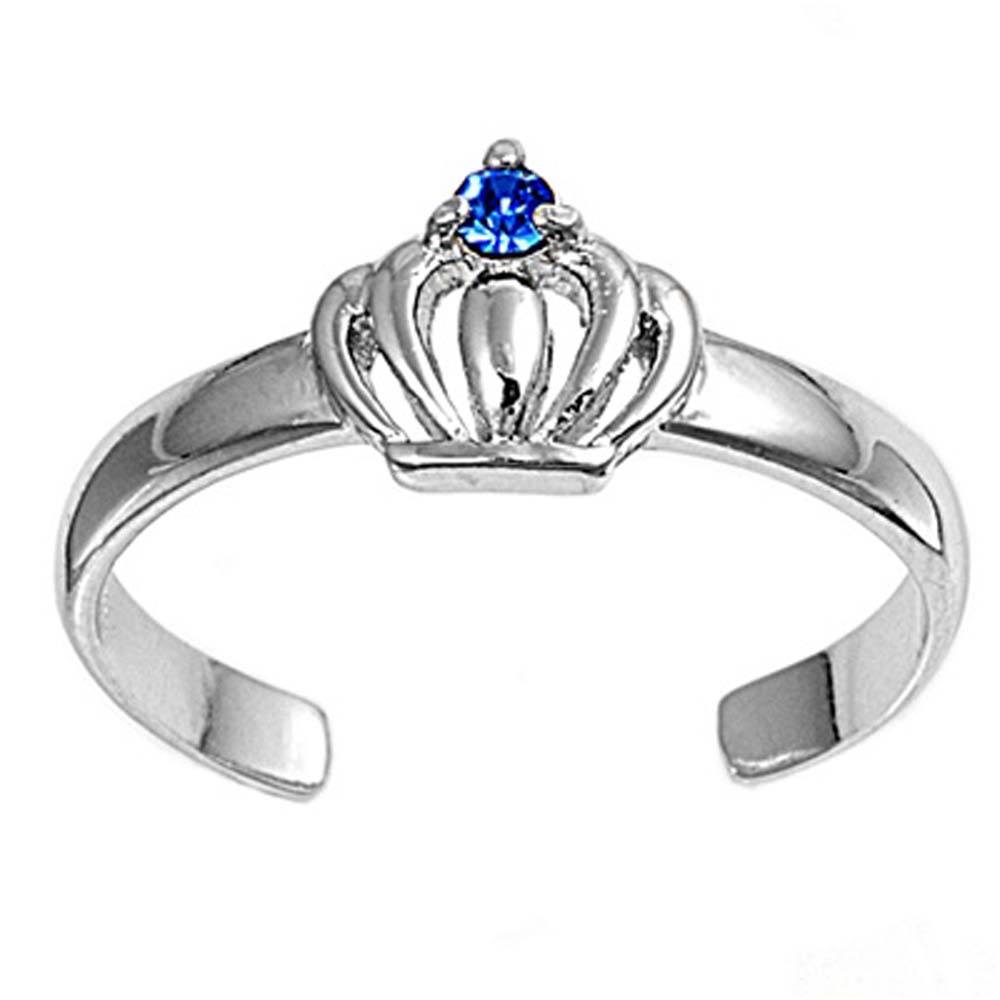 Sterling Silver Luxurious Crown with Blue Sapphire Simulated Diamond Toe RingAnd Face Height 6 MM
