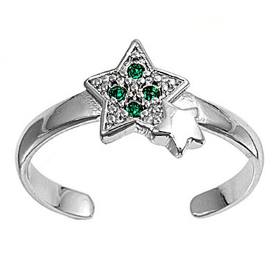 Sterling Silver Elegant Star with Emerald Simulated Diamonds Toe RingAnd Face Height 8 MM