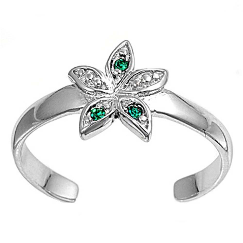 Sterling Silver Luxurious Star with Emerald  and Clear Simulated Diamonds Toe RingAnd Face Height 8 MM