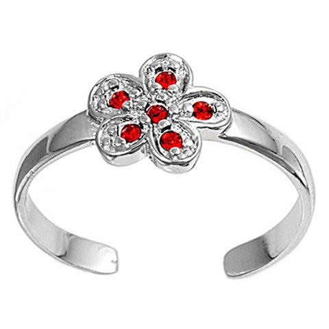 Sterling Silver Luxurious Flower with Ruby Simulated Diamonds Toe RingAnd Face Height 7 MM