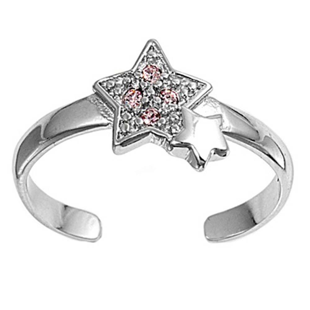 Sterling Silver Elegant Star with Pink Simulated Diamonds Toe RingAnd Face Height 8 MM