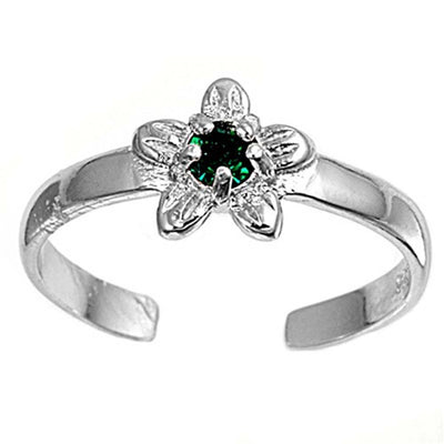 Sterling Silver Elegant Plumeria with   Emerald Simulated Diamond Toe RIngAnd Face Height 7 MM