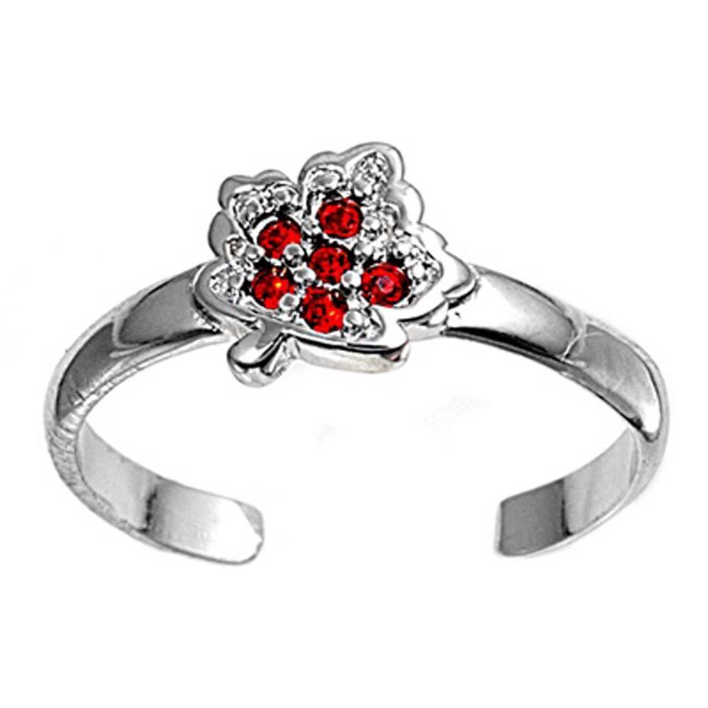 Sterling Silver Elegant Leaf with Ruby  Simulated Diamonds Toe RingAnd Face Height 6 MM