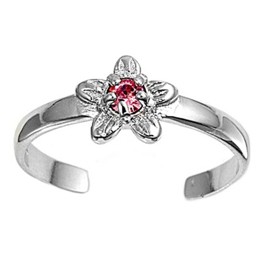 Sterling Silver Fancy Flower with Pink Simulated Diamond Toe RingAnd Face Height 6 MM
